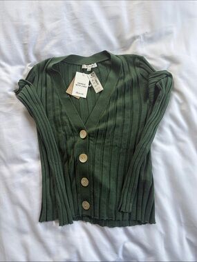 Madewell Dark Green Ribbed Button V‑Neck Cardigan